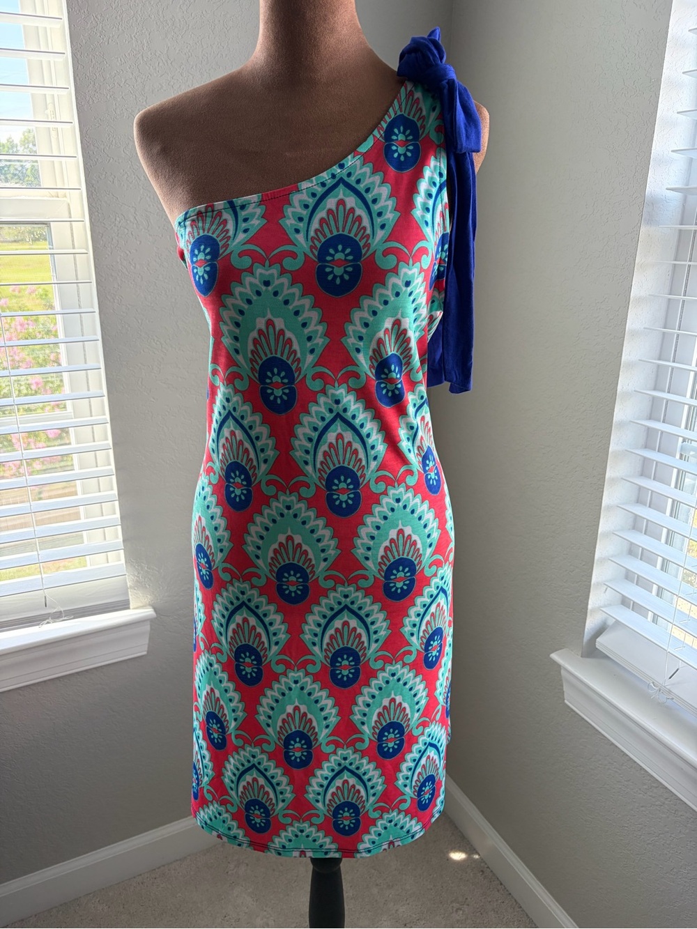 NWT One-Shoulder Coral and Turquoise Print Dress with Blue Shoulder Tie